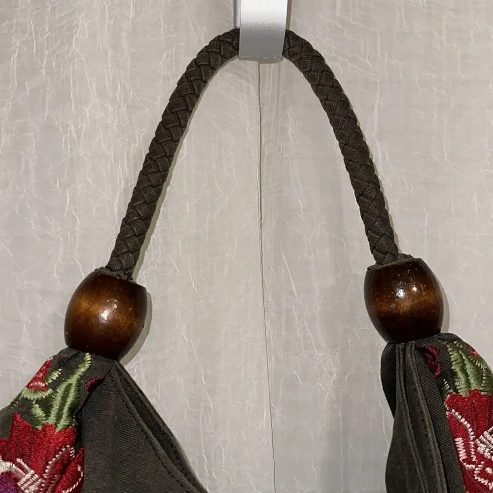 ASOS Forever New Camo Green Canvas Red Burgundy Pink Floral Embroidered Hobo Bag